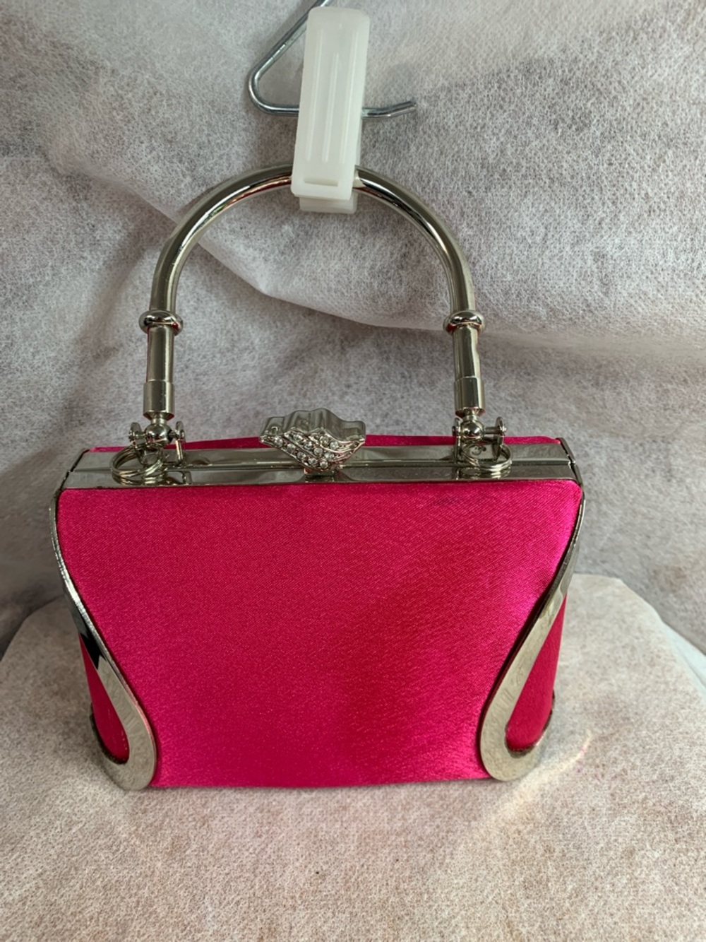 Bill Blass  Hot Pink Suede  Top-Handle Clutch with Silver-Tone Hardware